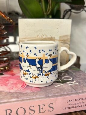 Cottagecore White + Blue Goose w Ribbon Mini Espresso Mug w Heart Shaped Handle